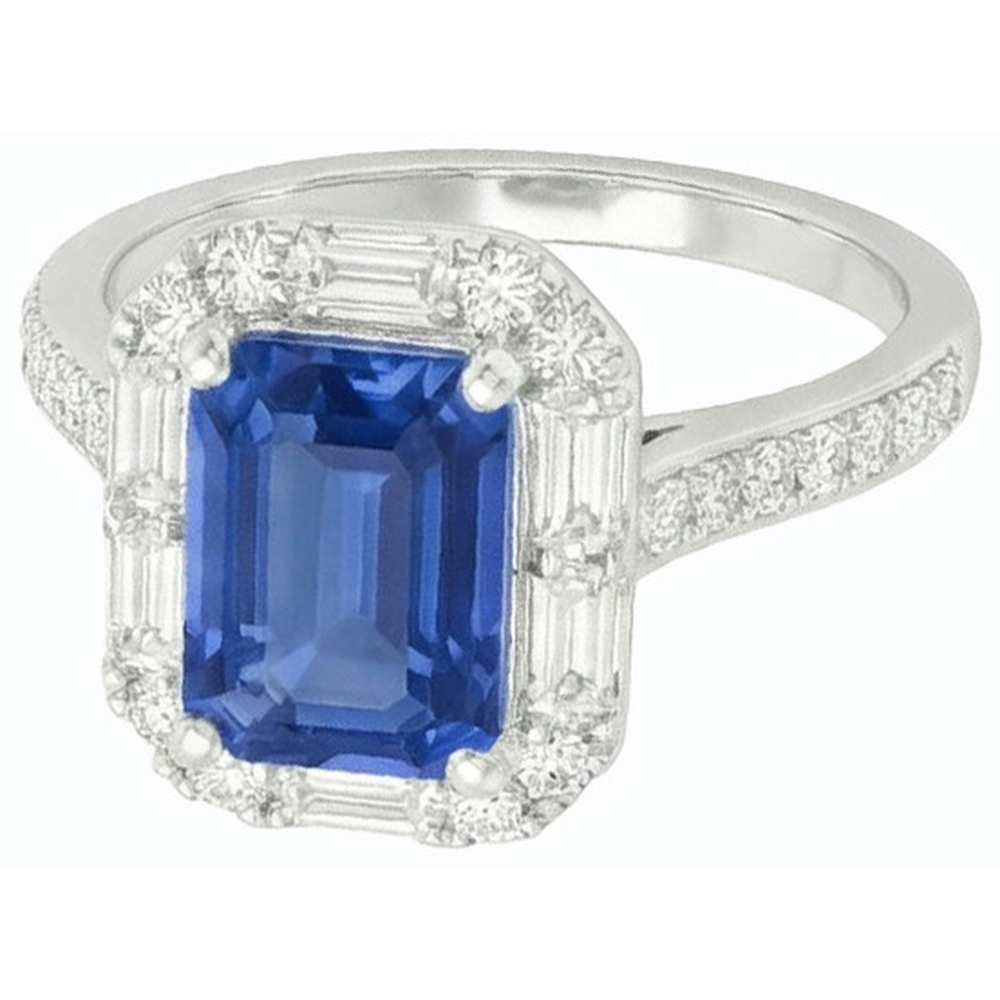 Halo Blue Sapphire Ring Baguette & Round Natural Earth Mined Diamond Jewelry 3 Carats