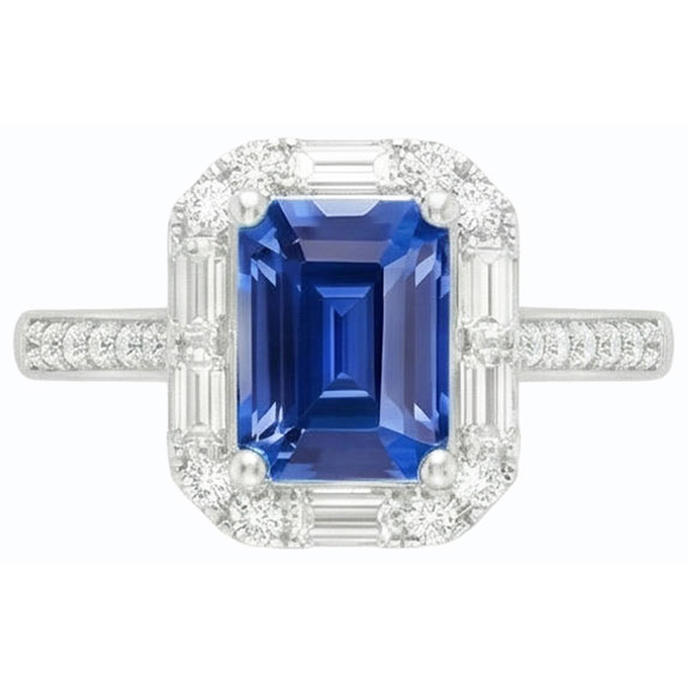 Halo Blue Sapphire Ring Baguette & Round Natural Earth Mined Diamond Jewelry 3 Carats