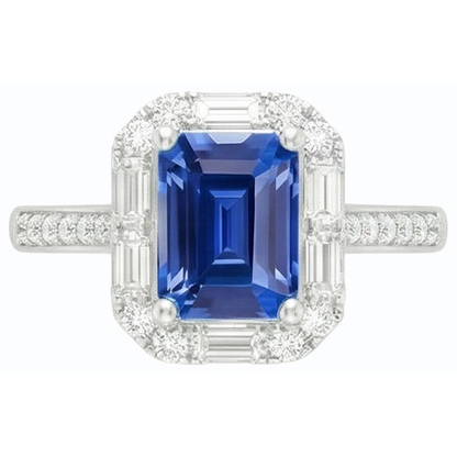 Halo Blue Sapphire Ring Baguette & Round Natural Earth Mined Diamond Jewelry 3 Carats