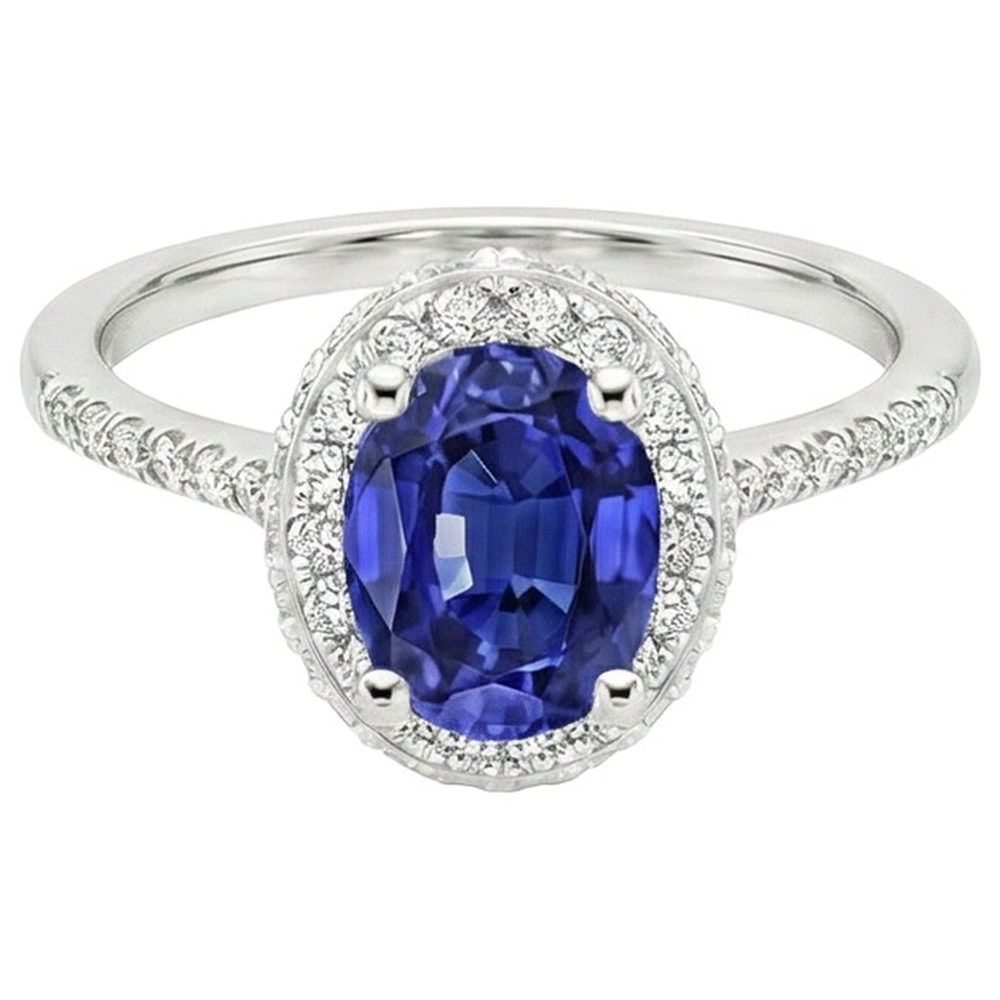 Halo Blue Sapphire Ring Oval Cut & Pave Set Natural Earth Mined Diamonds 3.75 Carats