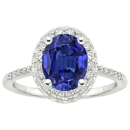 Halo Blue Sapphire Ring Oval Cut & Pave Set Natural Earth Mined Diamonds 3.75 Carats