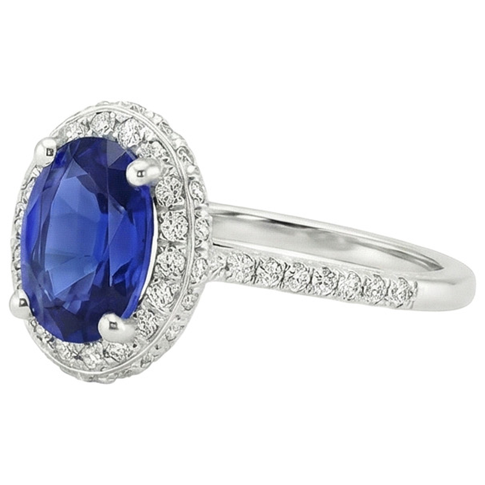 Halo Blue Sapphire Ring Oval Cut & Pave Set Natural Earth Mined Diamonds 3.75 Carats