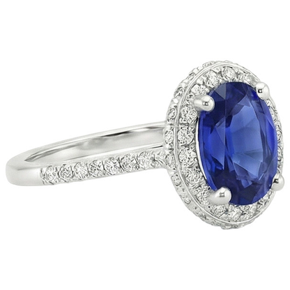Halo Blue Sapphire Ring Oval Cut & Pave Set Natural Earth Mined Diamonds 3.75 Carats