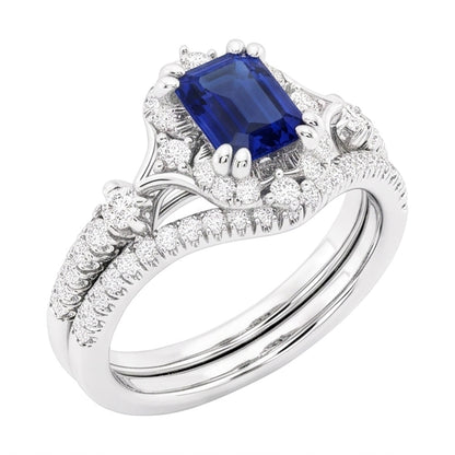 Halo Cathedral Setting Wedding Ring Set Blue Sapphire & Natural Earth Mined Diamonds