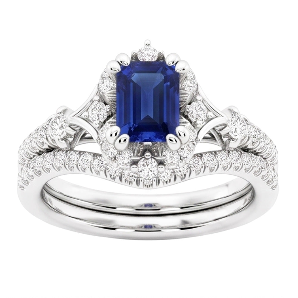 Halo Cathedral Setting Wedding Ring Set Blue Sapphire & Natural Earth Mined Diamonds
