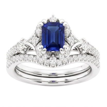 Halo Cathedral Setting Wedding Ring Set Blue Sapphire & Natural Earth Mined Diamonds