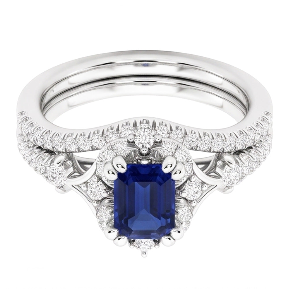 Halo Cathedral Setting Wedding Ring Set Blue Sapphire & Natural Earth Mined Diamonds