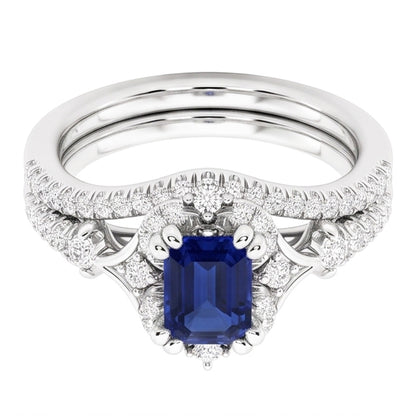 Halo Cathedral Setting Wedding Ring Set Blue Sapphire & Natural Earth Mined Diamonds