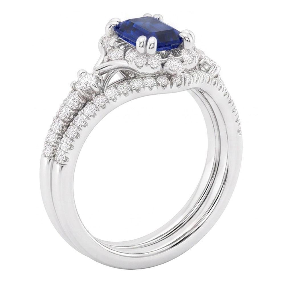 Halo Cathedral Setting Wedding Ring Set Blue Sapphire & Natural Earth Mined Diamonds