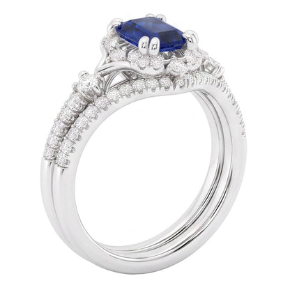 Halo Cathedral Setting Wedding Ring Set Blue Sapphire & Natural Earth Mined Diamonds