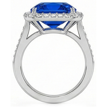 Halo Ceylon Sapphire Radiant Shaped Ring 5 Carats Baguette Natural Earth Mined Diamonds