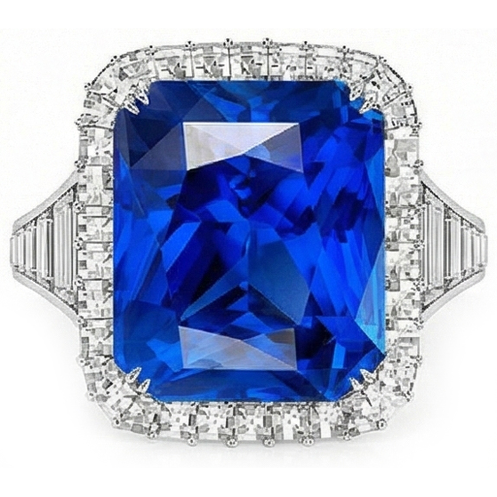 Halo Ceylon Sapphire Radiant Shaped Ring 5 Carats Baguette Natural Earth Mined Diamonds