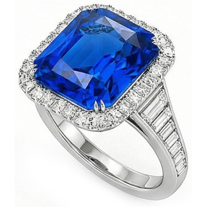 Halo Ceylon Sapphire Radiant Shaped Ring 5 Carats Baguette Natural Earth Mined Diamonds