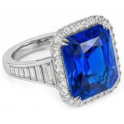 Halo Ceylon Sapphire Radiant Shaped Ring 5 Carats Baguette Natural Earth Mined Diamonds