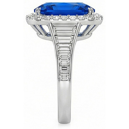 Halo Ceylon Sapphire Radiant Shaped Ring 5 Carats Baguette Natural Earth Mined Diamonds