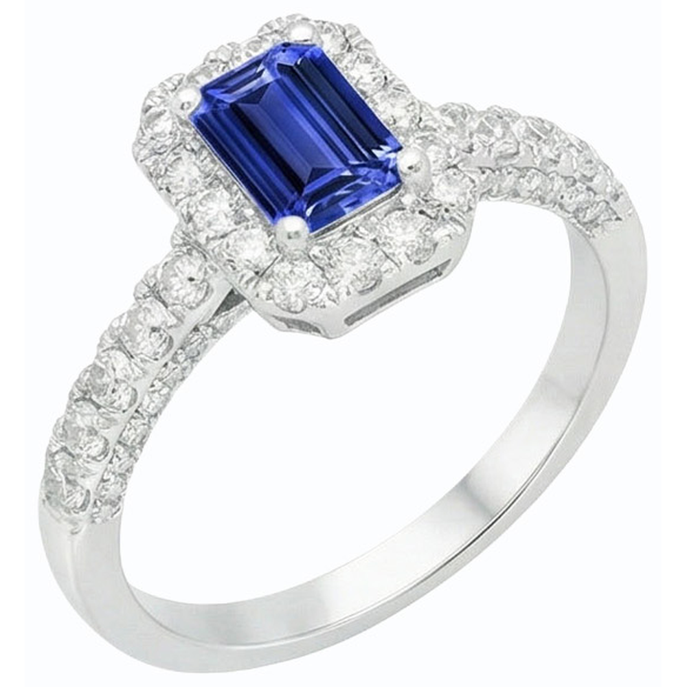 Halo Ceylon Sapphire Ring Emerald Cut & Natural Earth Mined Diamonds 3.50 Carats