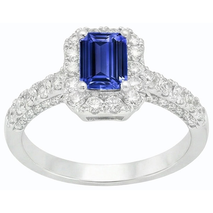Halo Ceylon Sapphire Ring Emerald Cut & Natural Earth Mined Diamonds 3.50 Carats