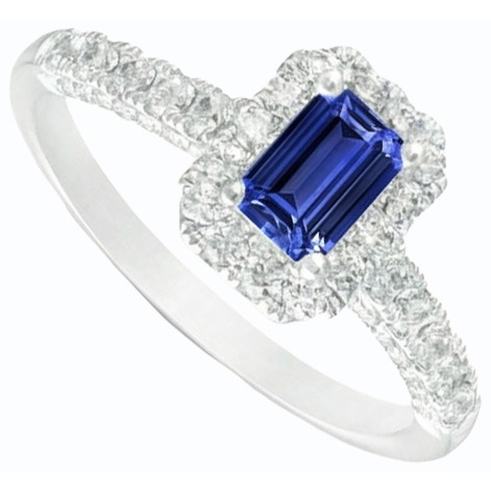 Halo Ceylon Sapphire Ring Emerald Cut & Natural Earth Mined Diamonds 3.50 Carats
