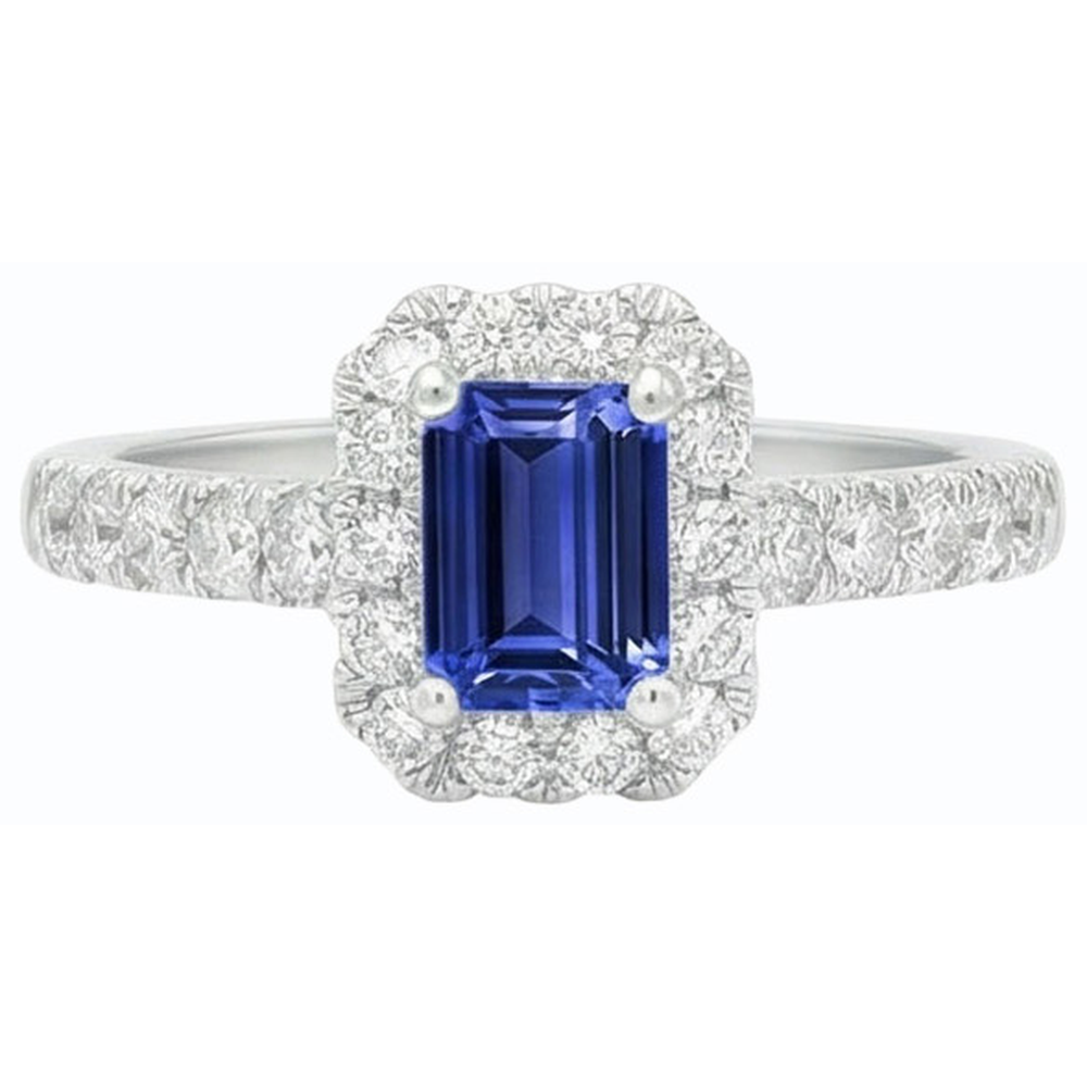 Halo Ceylon Sapphire Ring Emerald Cut & Natural Earth Mined Diamonds 3.50 Carats