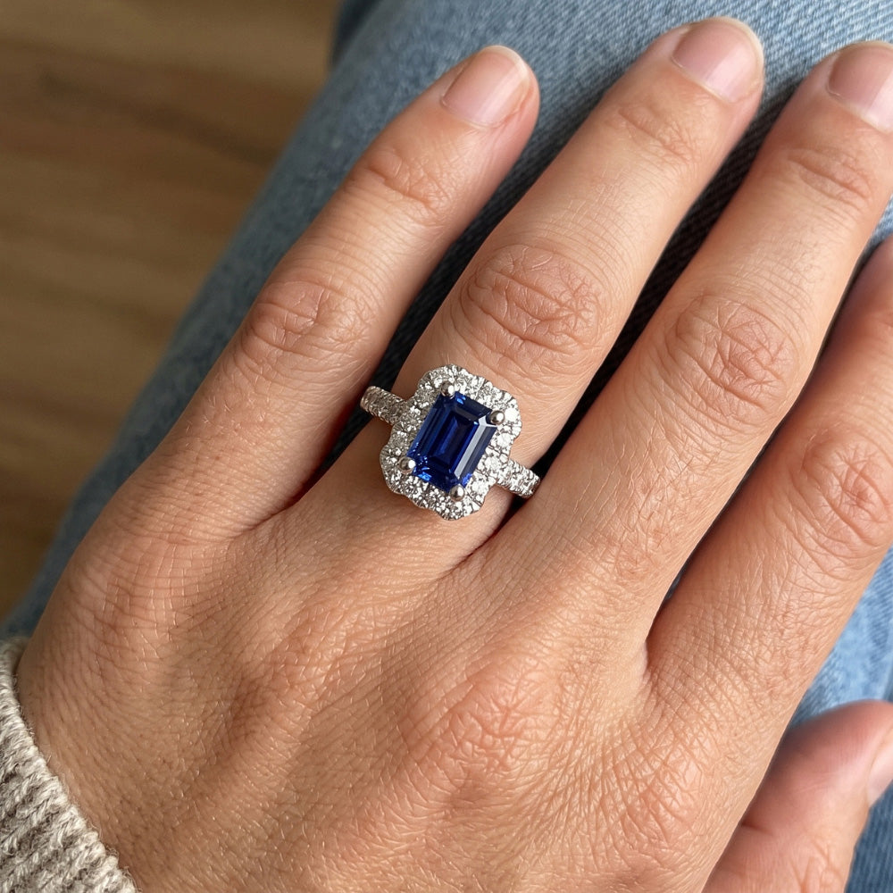 Halo Ceylon Sapphire Ring Emerald Cut & Natural Earth Mined Diamonds 3.50 Carats