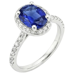 Halo Ceylon Sapphire Ring Oval Cut & Round Natural Earth Mined Diamonds 3.25 Carats
