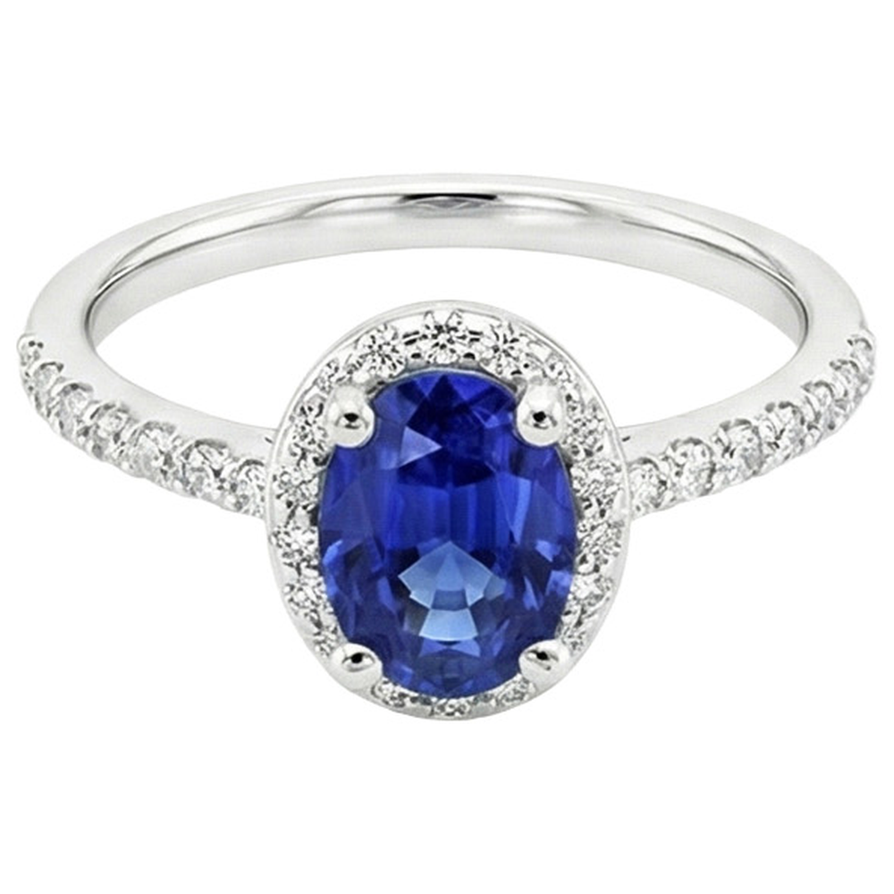 Halo Ceylon Sapphire Ring Oval Cut & Round Natural Earth Mined Diamonds 3.25 Carats