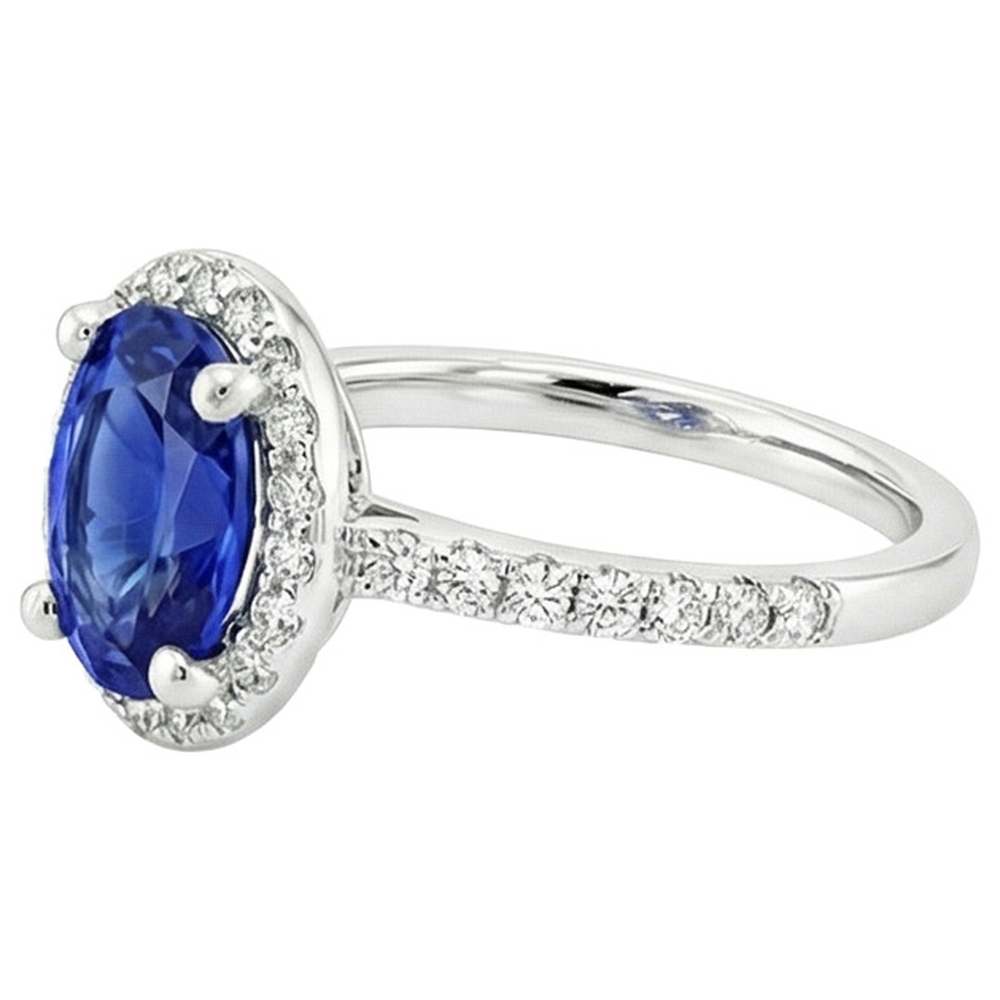 Halo Ceylon Sapphire Ring Oval Cut & Round Natural Earth Mined Diamonds 3.25 Carats