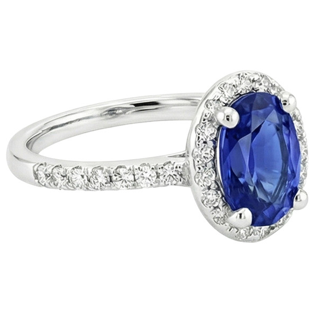 Halo Ceylon Sapphire Ring Oval Cut & Round Natural Earth Mined Diamonds 3.25 Carats