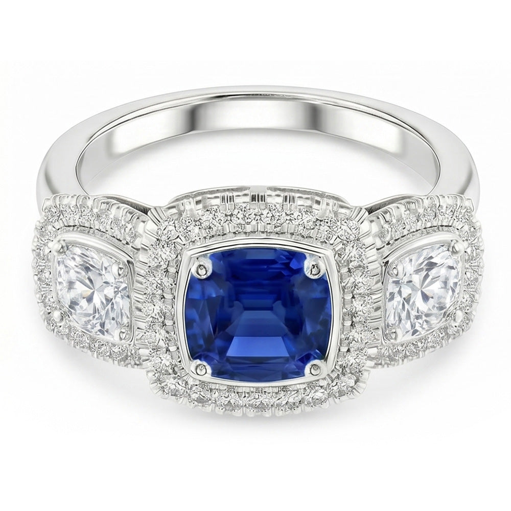 Halo Cushion Blue Sapphire Ring 3 Carats Women’s Natural Earth Mined Diamond Jewelry