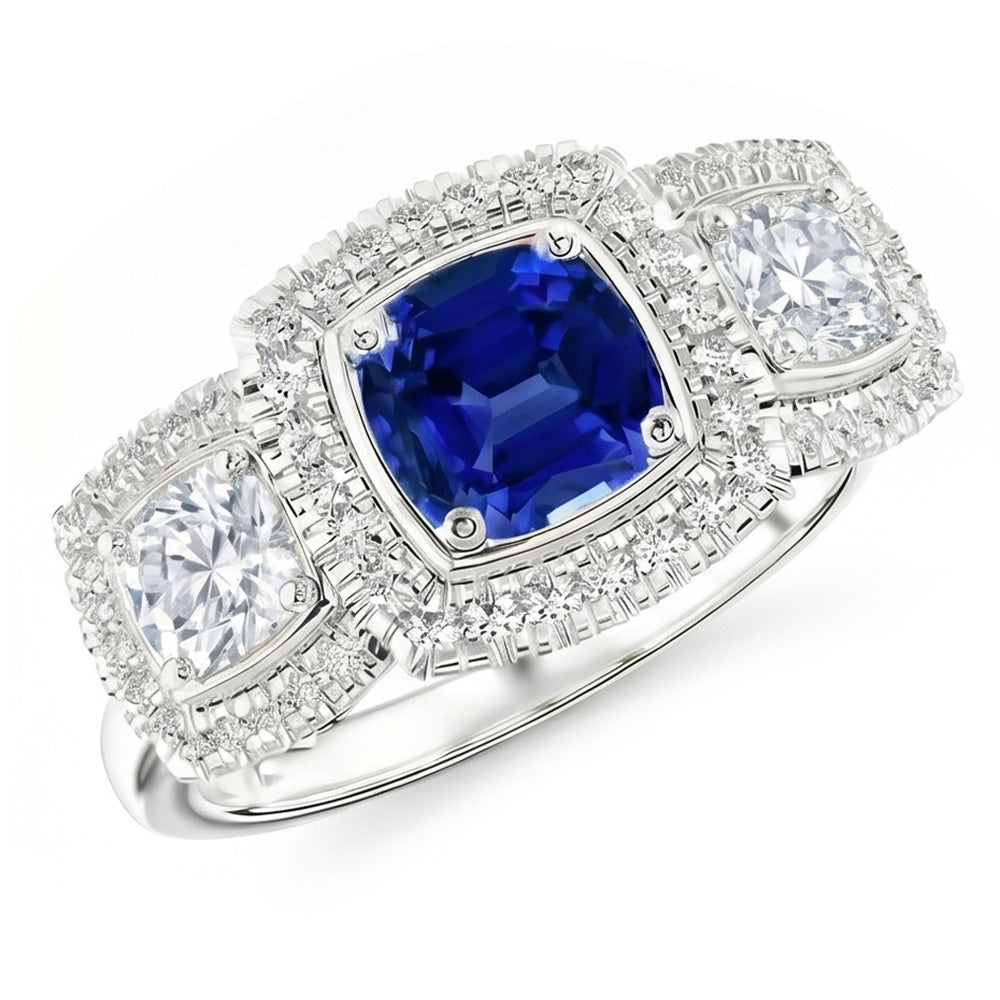 Halo Cushion Blue Sapphire Ring 3 Carats Women’s Natural Earth Mined Diamond Jewelry