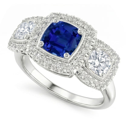 Halo Cushion Blue Sapphire Ring 3 Carats Women’s Natural Earth Mined Diamond Jewelry
