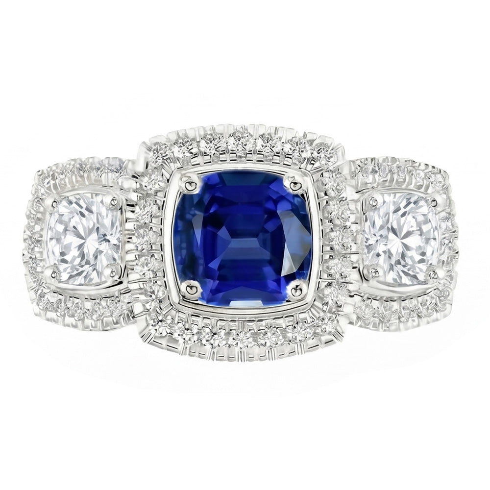 Halo Cushion Blue Sapphire Ring 3 Carats Women’s Natural Earth Mined Diamond Jewelry