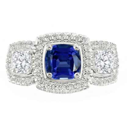 Halo Cushion Blue Sapphire Ring 3 Carats Women’s Natural Earth Mined Diamond Jewelry