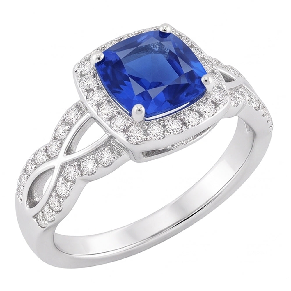 Halo Cushion Ceylon Sapphire Ring 4 Carats Infinity Style Natural Earth Mined Diamonds