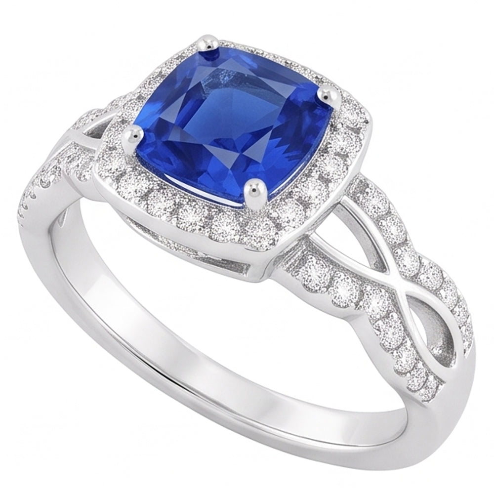 Halo Cushion Ceylon Sapphire Ring 4 Carats Infinity Style Natural Earth Mined Diamonds