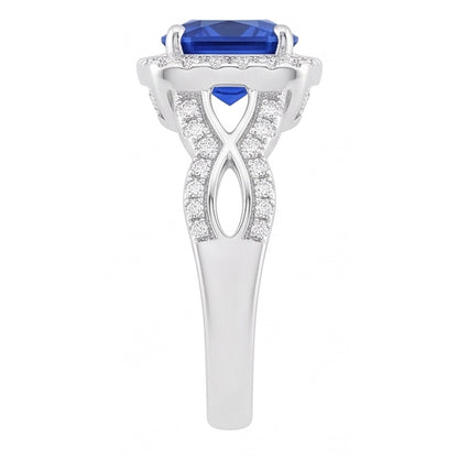 Halo Cushion Ceylon Sapphire Ring 4 Carats Infinity Style Natural Earth Mined Diamonds