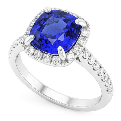 Halo Cushion Ceylon Sapphire Ring With Accents Natural Earth Mined Diamond 3.50 Carats