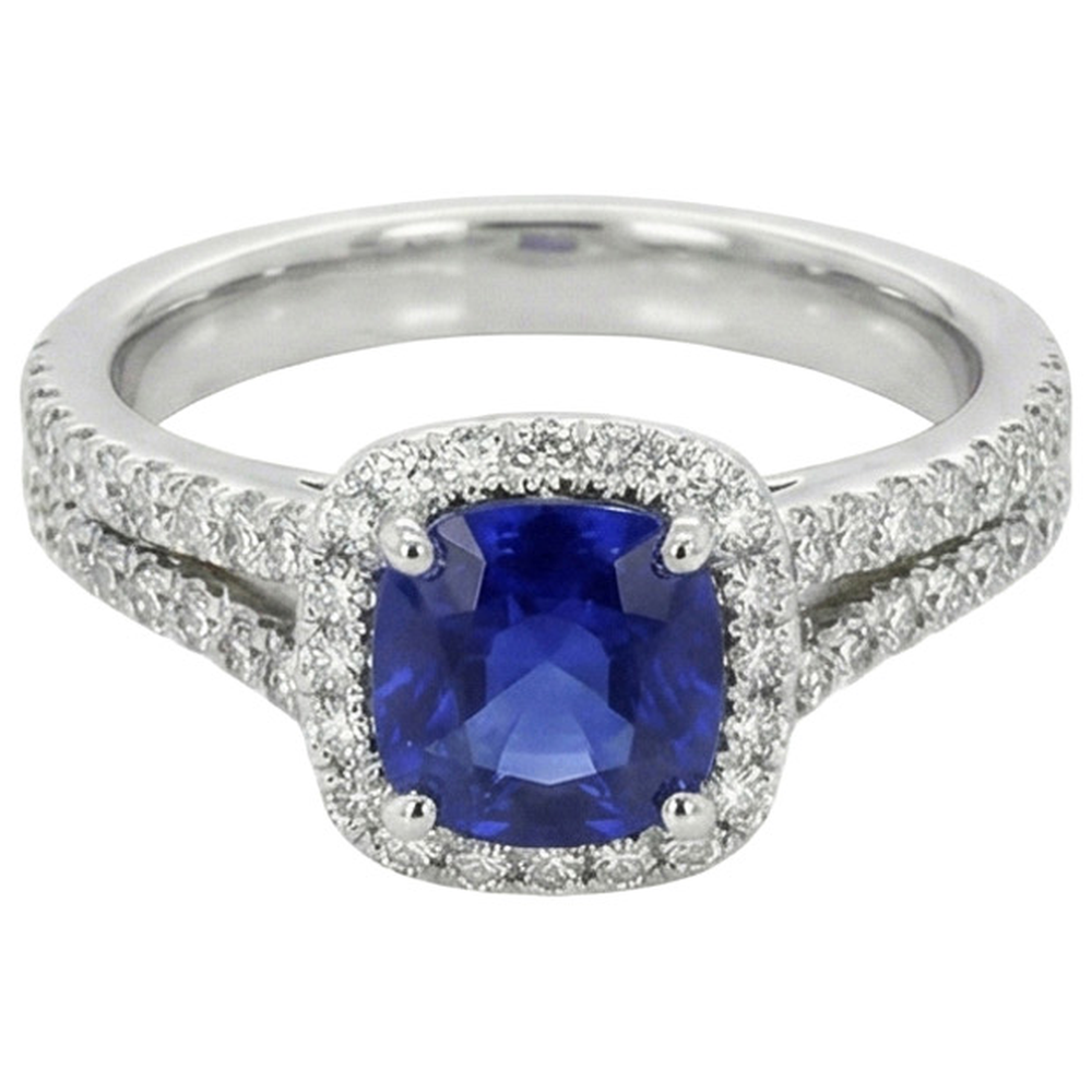 Halo Cushion Ceylon Sapphire & Natural Earth Mined Diamond Engagement Ring Set 3.20 Carats