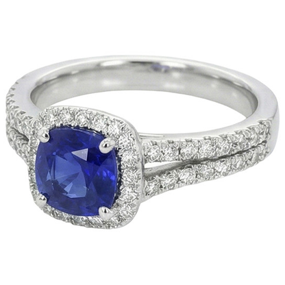 Halo Cushion Ceylon Sapphire & Natural Earth Mined Diamond Engagement Ring Set 3.20 Carats