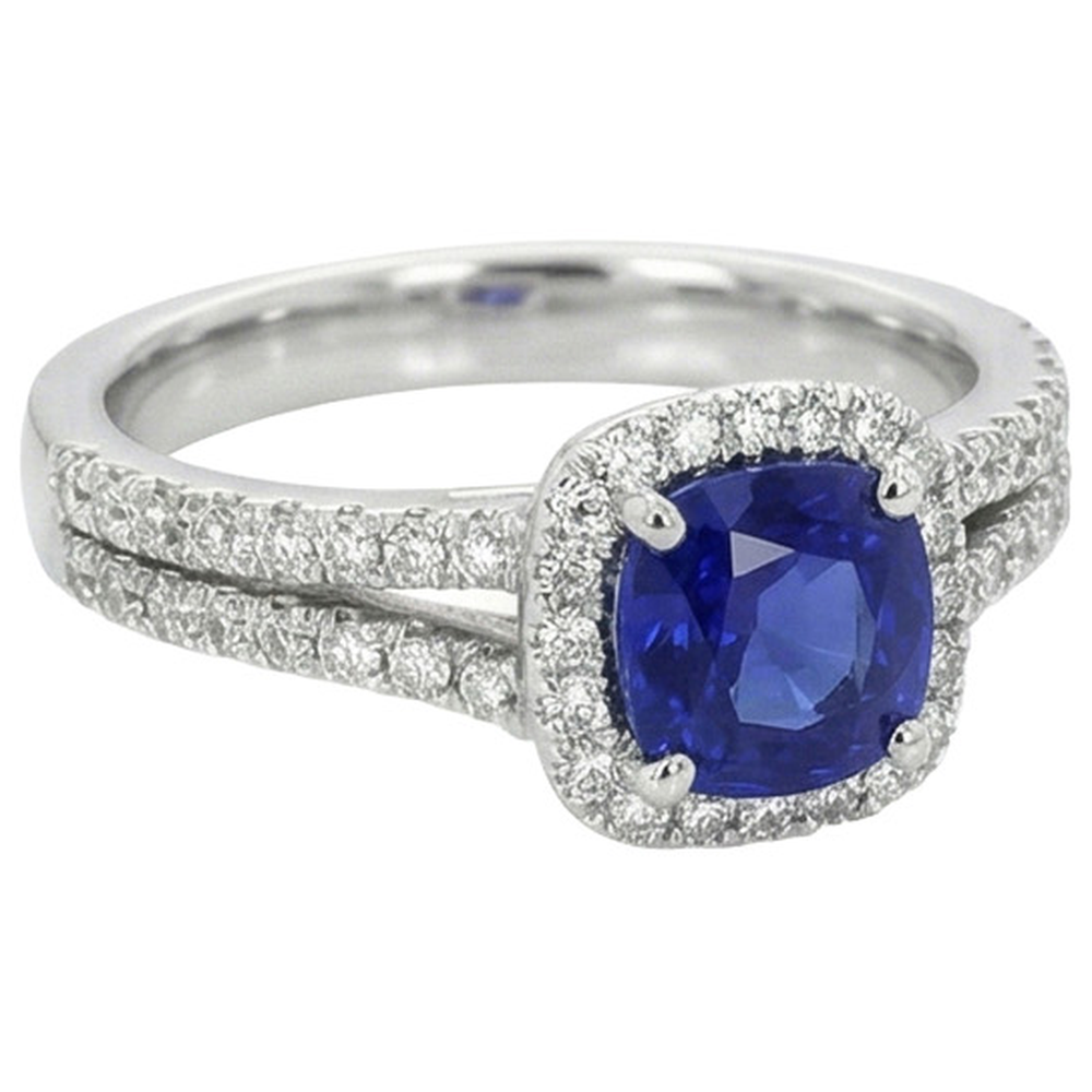 Halo Cushion Ceylon Sapphire & Natural Earth Mined Diamond Engagement Ring Set 3.20 Carats