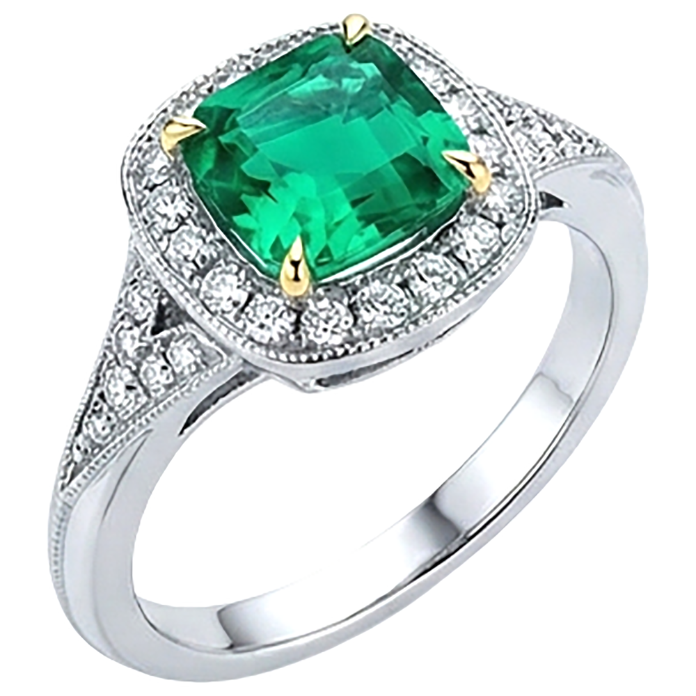 Natural Real ( Not Lab Grown ) Halo Cushion Green Emerald GIA Ring Vintage Style