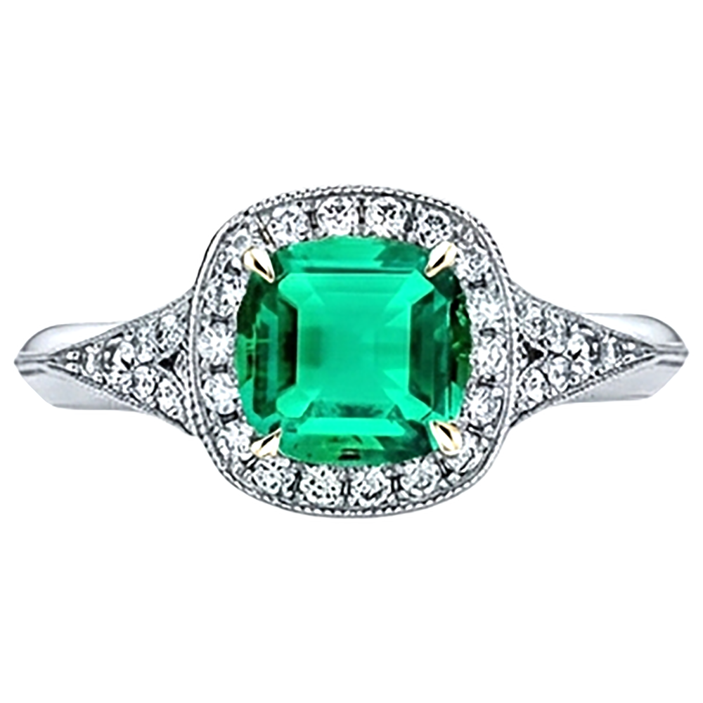Natural Real ( Not Lab Grown ) Halo Cushion Green Emerald GIA Ring Vintage Style