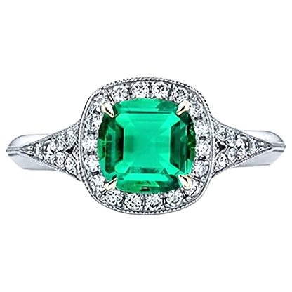 Natural Real ( Not Lab Grown ) Halo Cushion Green Emerald GIA Ring Vintage Style