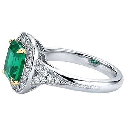 Natural Real ( Not Lab Grown ) Halo Cushion Green Emerald GIA Ring Vintage Style