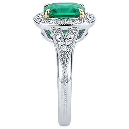 Natural Real ( Not Lab Grown ) Halo Cushion Green Emerald GIA Ring Vintage Style