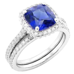 Halo Cushion Sapphire Natural Earth Mined Diamond Engagement Ring Set 4.50 Carats