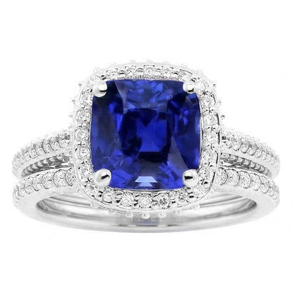 Halo Cushion Sapphire Natural Earth Mined Diamond Engagement Ring Set 4.50 Carats