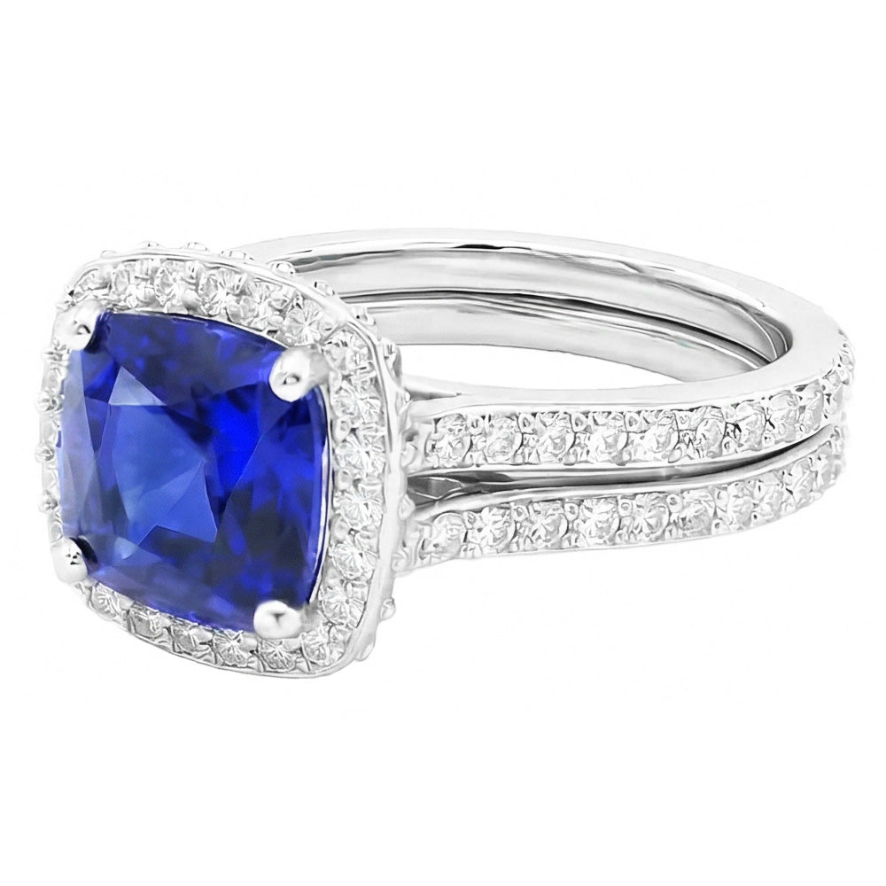 Halo Cushion Sapphire Natural Earth Mined Diamond Engagement Ring Set 4.50 Carats
