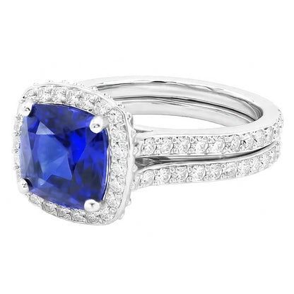 Halo Cushion Sapphire Natural Earth Mined Diamond Engagement Ring Set 4.50 Carats