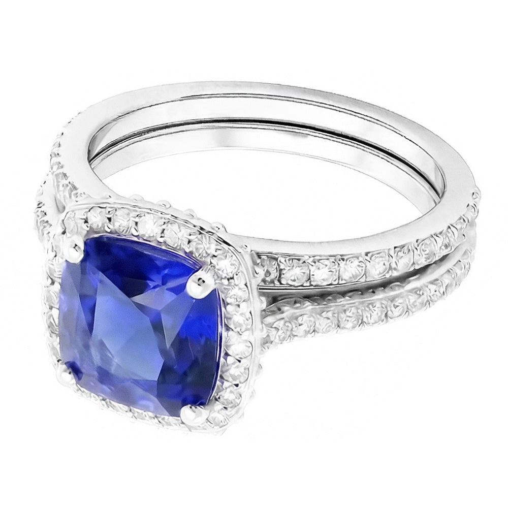 Halo Cushion Sapphire Natural Earth Mined Diamond Engagement Ring Set 4.50 Carats